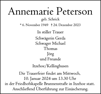 Traueranzeige von Annemarie Peterson von Norddeutsche Rundschau