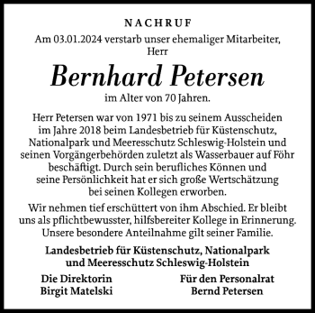 Traueranzeige von Bernhard Petersen von Der Insel-Bote