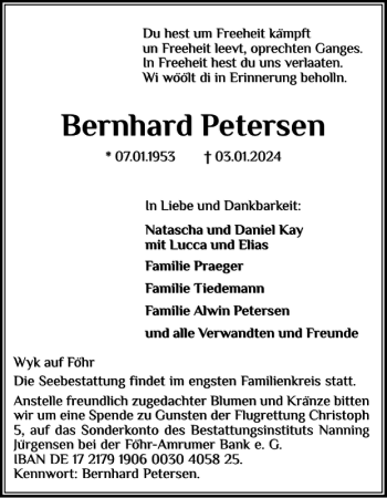 Traueranzeige von Bernhard Petersen von Der Insel-Bote