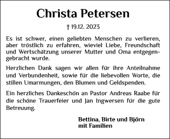 Traueranzeige von Christa Petersen von Husumer Nachrichten