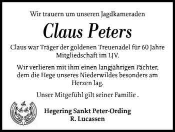 Traueranzeige von Claus Peters von Husumer Nachrichten