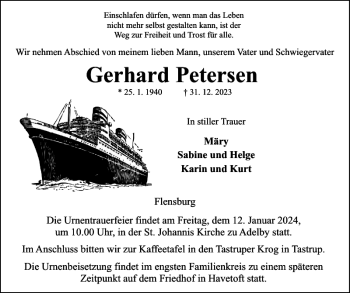 Traueranzeige von Gerhard Petersen von Flensburger Tageblatt