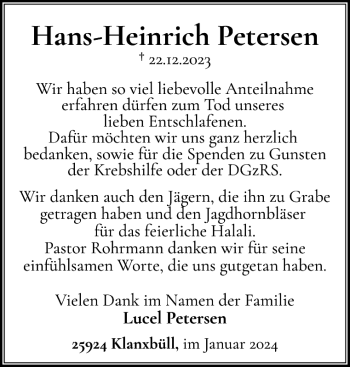 Traueranzeige von Hans-Heinrich Petersen von Husumer Nachrichten