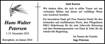 Traueranzeige von Hans Walter Petersen von Flensburger Tageblatt