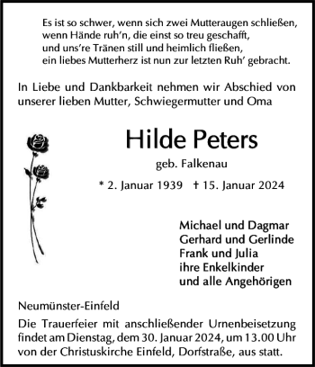 Traueranzeige von Hilde Peters von Holsteinischer Courier