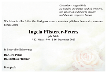 Traueranzeige von Ingela Pfisterer-Peters von Schleswiger Nachrichten