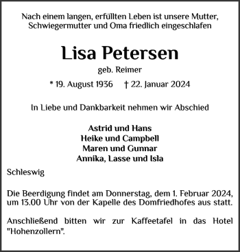 Traueranzeige von Lisa Petersen von Schleswiger Nachrichten