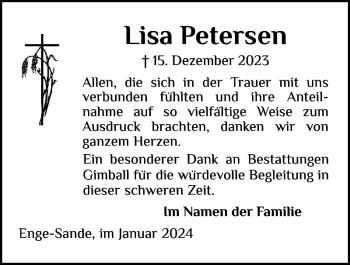 Traueranzeige von Lisa Petersen von Husumer Nachrichten