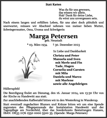 Traueranzeige von Marga Petersen von Flensburger Tageblatt