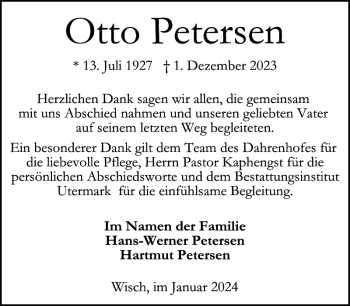 Traueranzeige von Otto Petersen von Husumer Nachrichten
