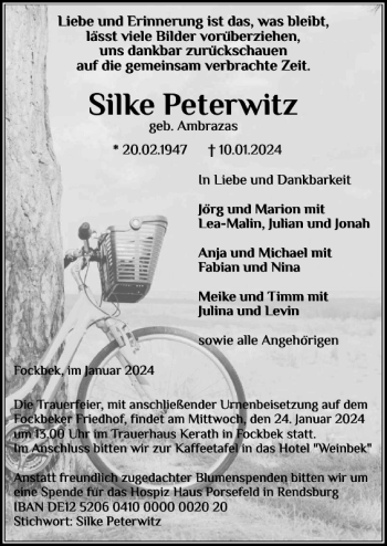 Traueranzeige von Silke Peterwitz von Landeszeitung