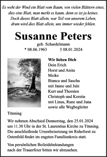 Traueranzeige von Susanne Peters von Husumer Nachrichten