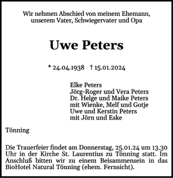Traueranzeige von Uwe Peters von Husumer Nachrichten