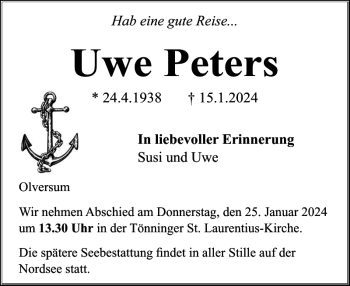 Traueranzeige von Uwe Peters von Husumer Nachrichten