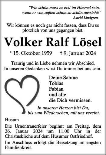 Traueranzeige von Volker Ralf Lösel von Husumer Nachrichten