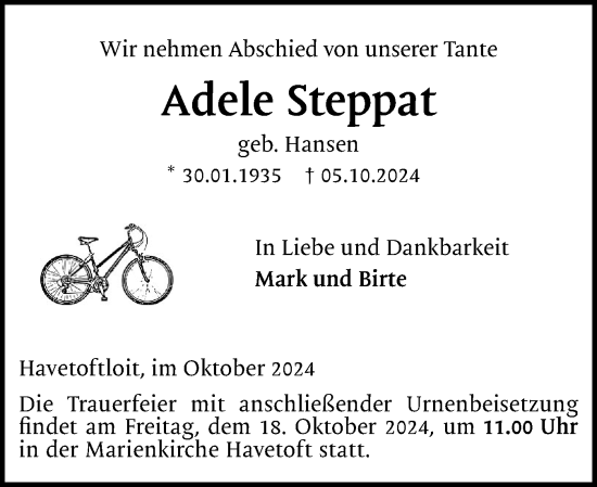 Traueranzeige von Adele Steppat von Flensburger Tageblatt, Schleswiger Nachrichten, Schlei-Bote
