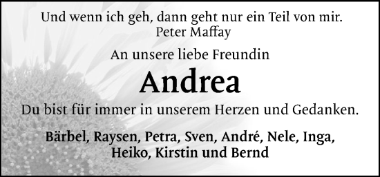 Traueranzeige von Andrea  von Schleswig-Holsteinische Landeszeitung