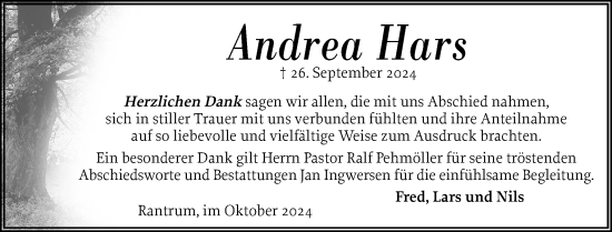 Traueranzeige von Andrea Hars von Husumer Nachrichten, Nordfriesland Tageblatt