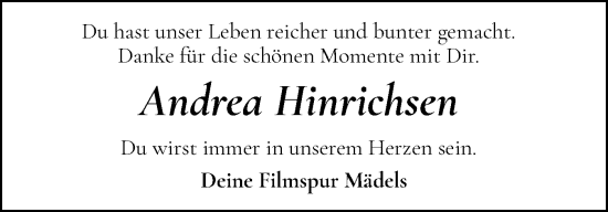 Traueranzeige von Andrea Hinrichsen von Eckernförder Zeitung, Hallo Eckernförde
