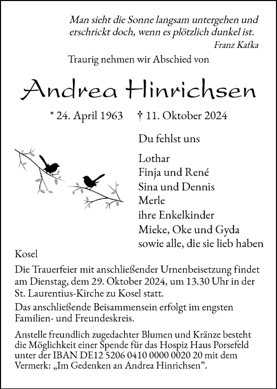 Traueranzeige von Andrea Hinrichsen von Eckernförder Zeitung, Hallo Eckernförde