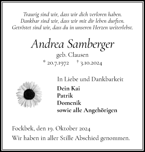 Traueranzeige von Andrea Samberger von Schleswig-Holsteinische Landeszeitung