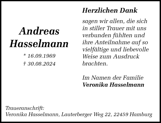 Traueranzeige von Andreas Hasselmann von Stormaner Tageblatt