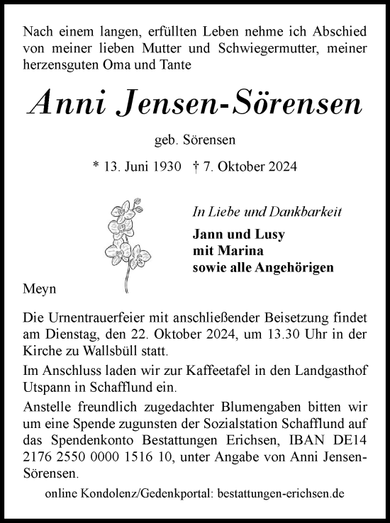 Traueranzeige von ANii Jensen-Sörensen von Flensburger Tageblatt