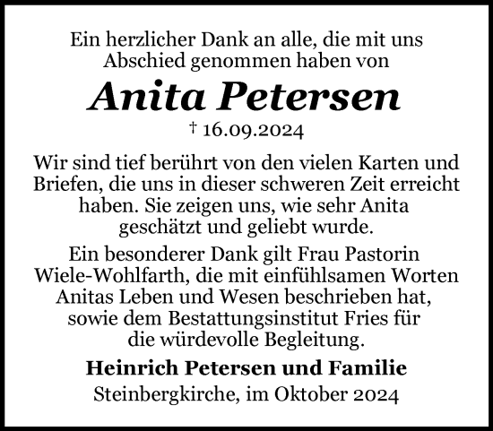 Traueranzeige von Anita Petersen von Flensburger Tageblatt