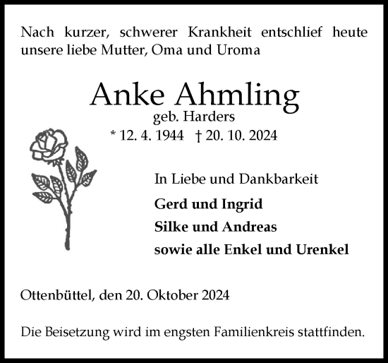 Traueranzeige von Anke Ahmling von Norddeutsche Rundschau, Wilstersche Zeitung, Glückstädter Fortuna
