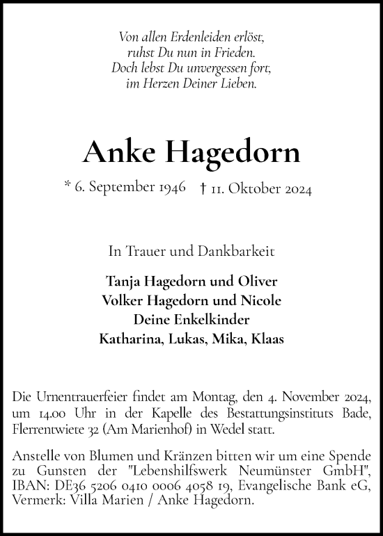 Traueranzeige von Anke Hagedorn von Wedel-Schulauer Tageblatt, tip Wedel-Schulauer Tageblatt, tip Rissener Rundschau