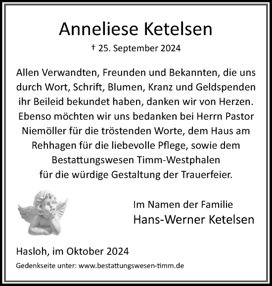 Traueranzeige von Anneliese Ketelsen von Region Pinneberg und tip Pinneberg