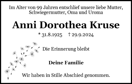 Traueranzeige von Anni Dorothea Kruse von Schleswiger Nachrichten, Schlei-Bote