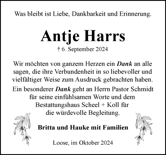 Traueranzeige von Antje Harrs von Eckernförder Zeitung, Hallo Eckernförde