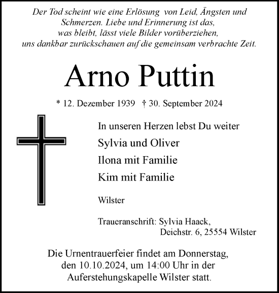 Traueranzeige von Arno Puttin von Norddeutsche Rundschau, Wilstersche Zeitung, Glückstädter Fortuna