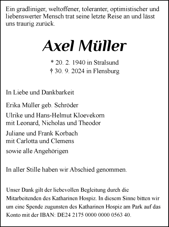 Traueranzeige von Axel Müller von Flensburger Tageblatt
