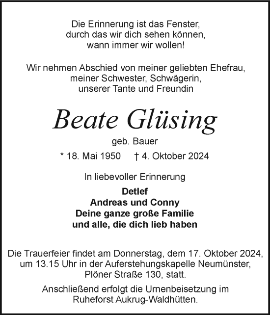 Traueranzeige von Beate Glüsing von Schleswig-Holsteinische Landeszeitung