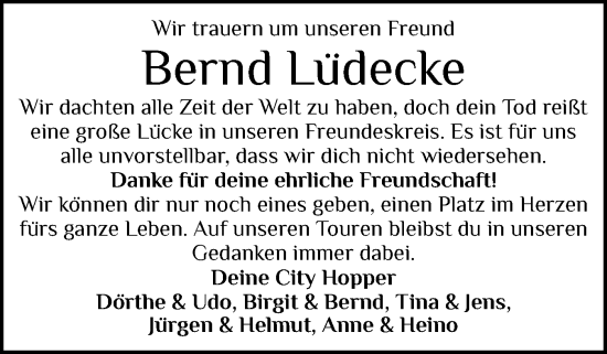 Traueranzeige von Bernd Lüdecke von Schleswig-Holsteinische Landeszeitung