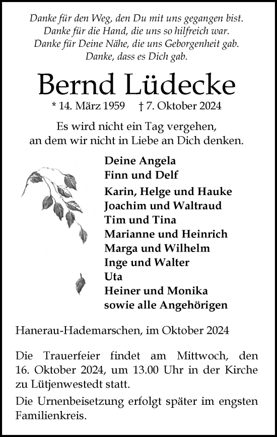 Traueranzeige von Bernd Lüdecke von Schleswig-Holsteinische Landeszeitung