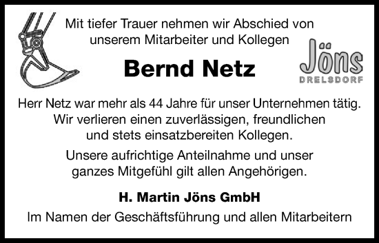 Traueranzeige von Bernd Netz von Husumer Nachrichten, Nordfriesland Tageblatt