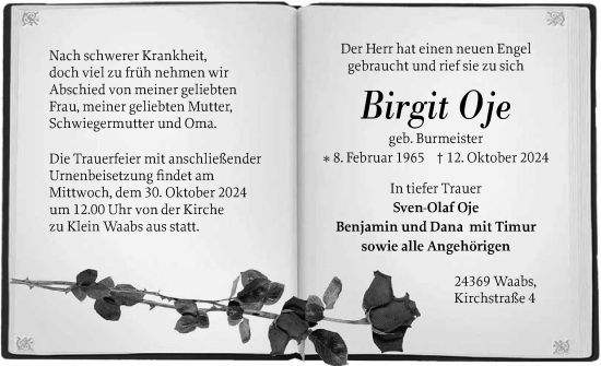 Traueranzeige von Birgit Oje von Eckernförder Zeitung, Hallo Eckernförde