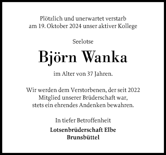 Traueranzeige von Björn Wanka von Norddeutsche Rundschau, Wilstersche Zeitung, Glückstädter Fortuna
