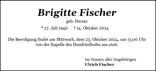 Traueranzeige von Brigitte Fischer von Schleswiger Nachrichten, Schlei-Bote