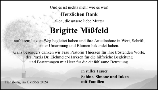 Traueranzeige von Brigitte Mißfeld von Flensburger Tageblatt
