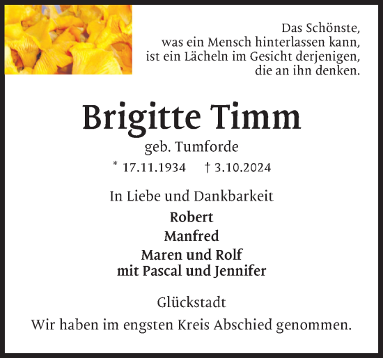 Traueranzeige von Brigitte Timm von Norddeutsche Rundschau, Wilstersche Zeitung, Glückstädter Fortuna
