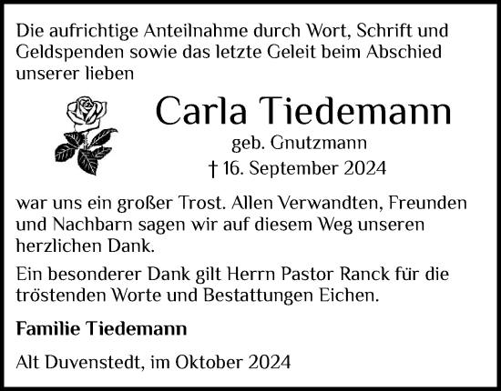 Traueranzeige von Carla Tiedemann von Schleswig-Holsteinische Landeszeitung