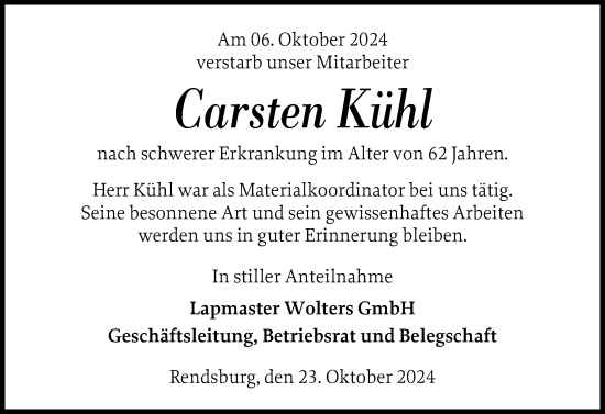 Traueranzeige von Carsten Kühl von Schleswig-Holsteinische Landeszeitung