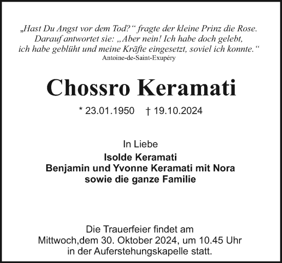 Traueranzeige von Chossro Keramati von Holsteinischer Courier