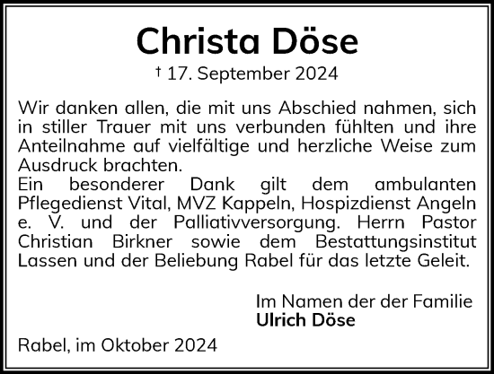 Traueranzeige von Christa Döse von Schleswiger Nachrichten, Schlei-Bote