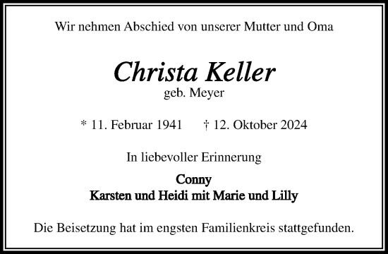 Traueranzeige von Christa Keller von Stormaner Tageblatt