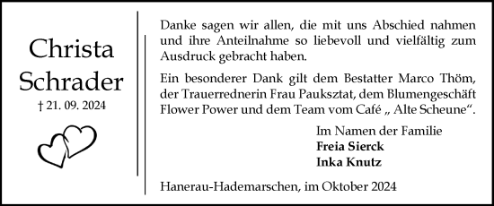 Traueranzeige von Christa Schrader von Schleswig-Holsteinische Landeszeitung